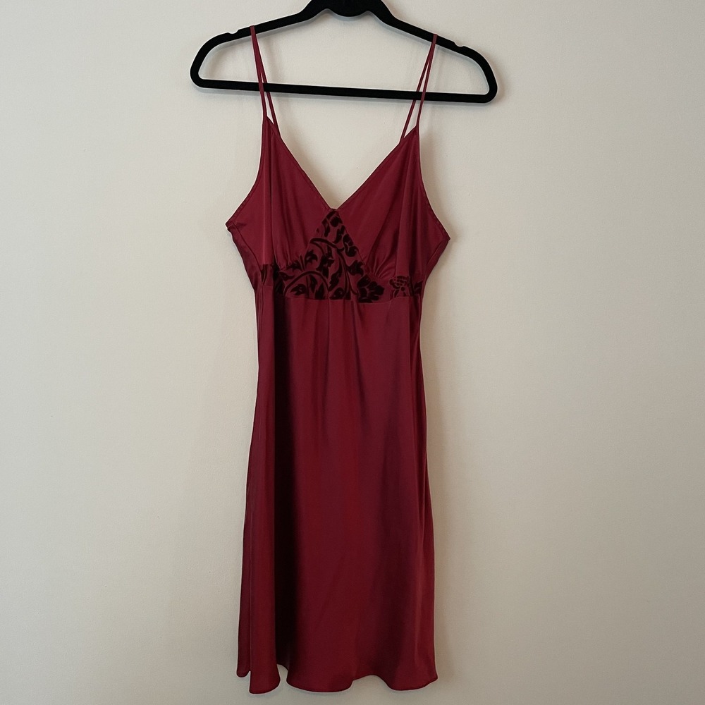 VTG 100% Silk Babydoll Slip Dress Wine Size L Tie Back Burnout Velvet Romantic - Picture 1 of 11